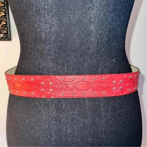 Women’s Red Vegan Leather Western Studded Belt Brushed Silver Tone Buckle S/M - Picture 5 of 16